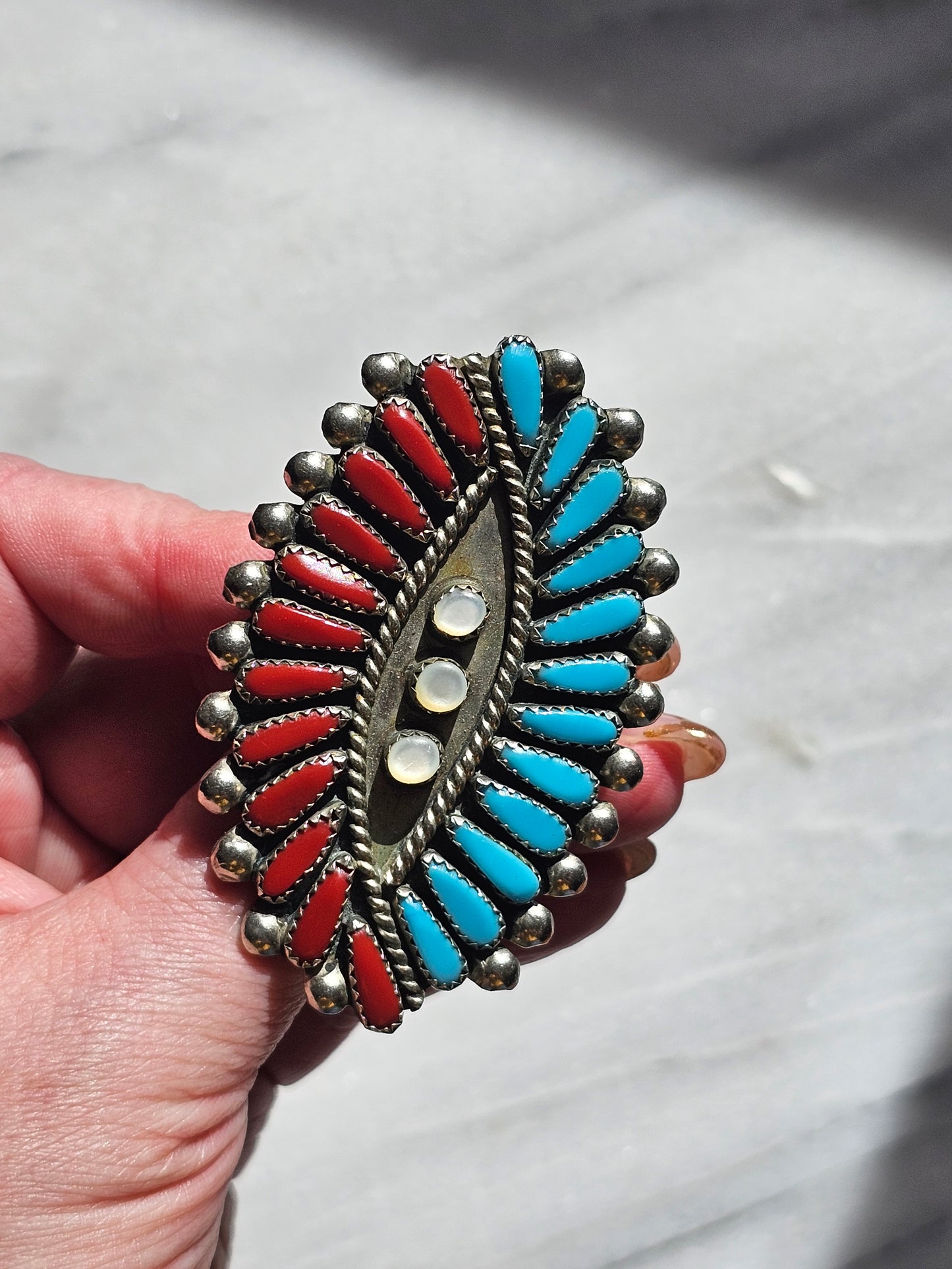 Large Southwest turquoise and red coral statement ring - Sterling Silver