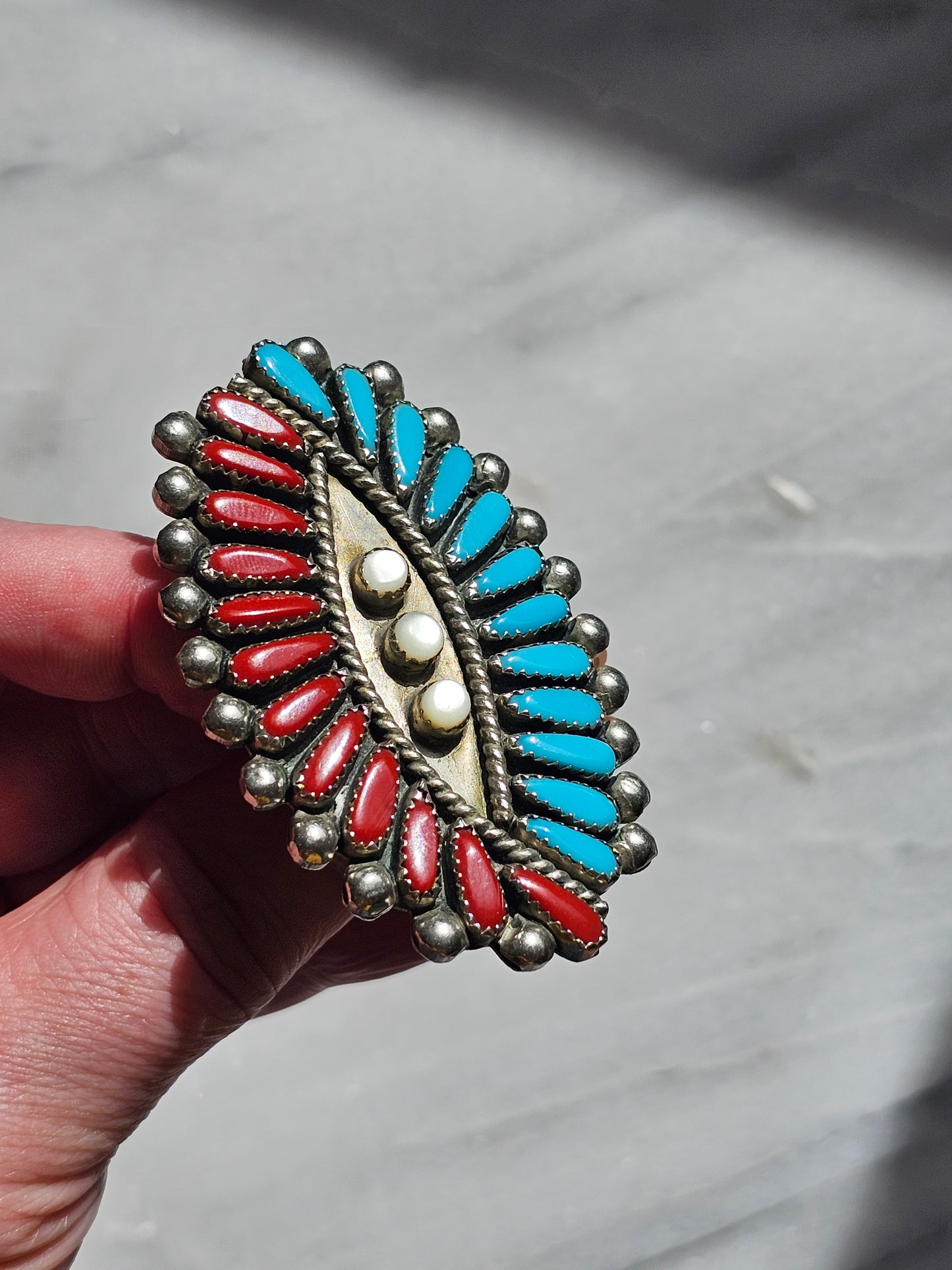 Large Southwest turquoise and red coral statement ring - Sterling Silver