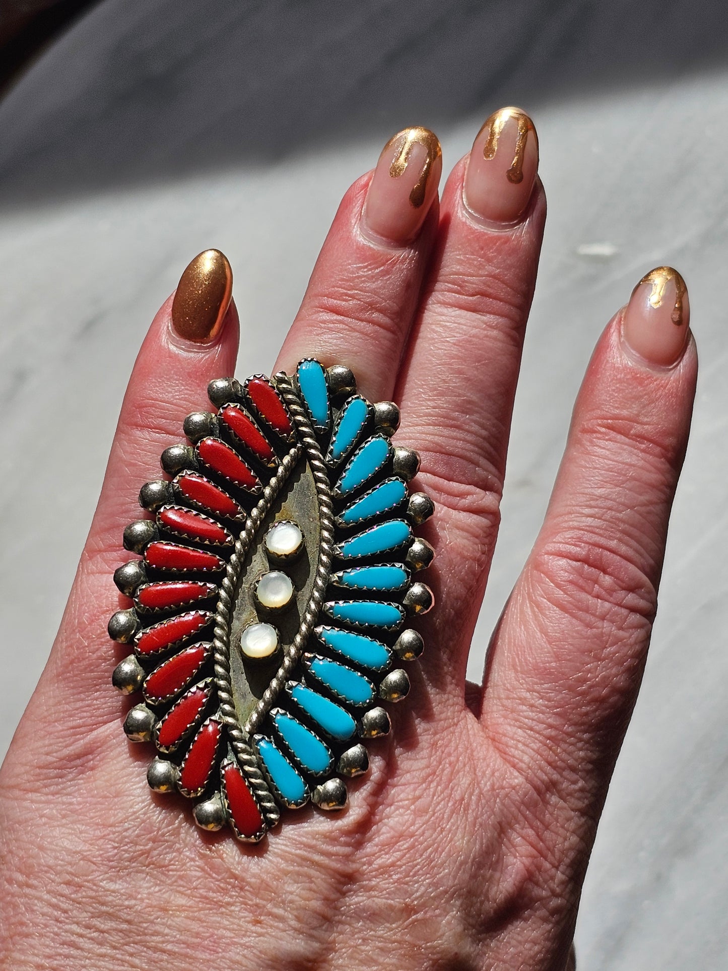 Large Southwest turquoise and red coral statement ring - Sterling Silver