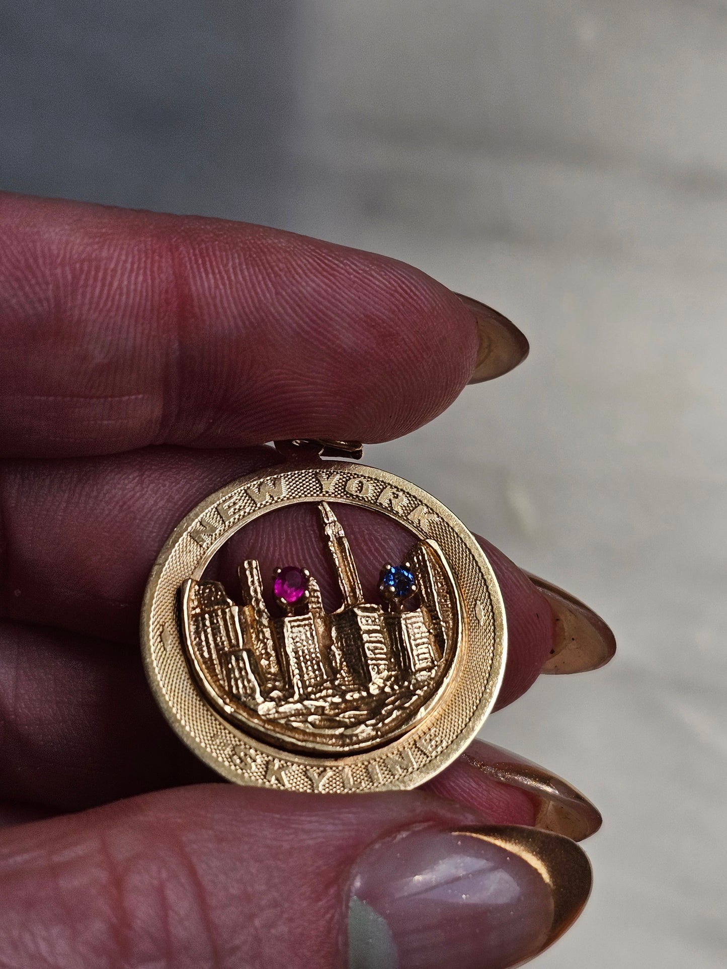 Vintage 1950's NYC Skyline with ruby and sapphire Pendant - Solid 14k Gold