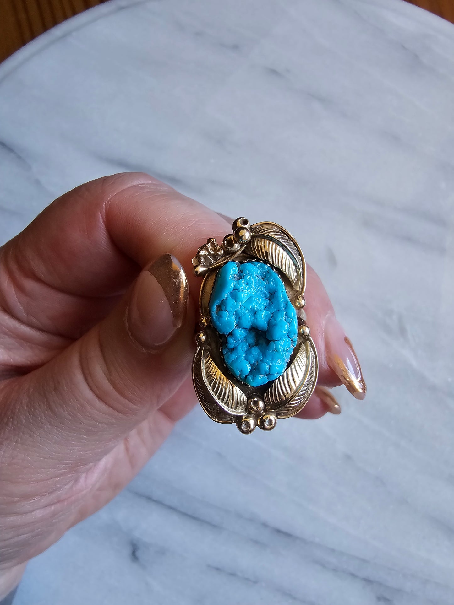 Navajo Foliate style Sleeping Beauty Turquoise Ring 14k Gold