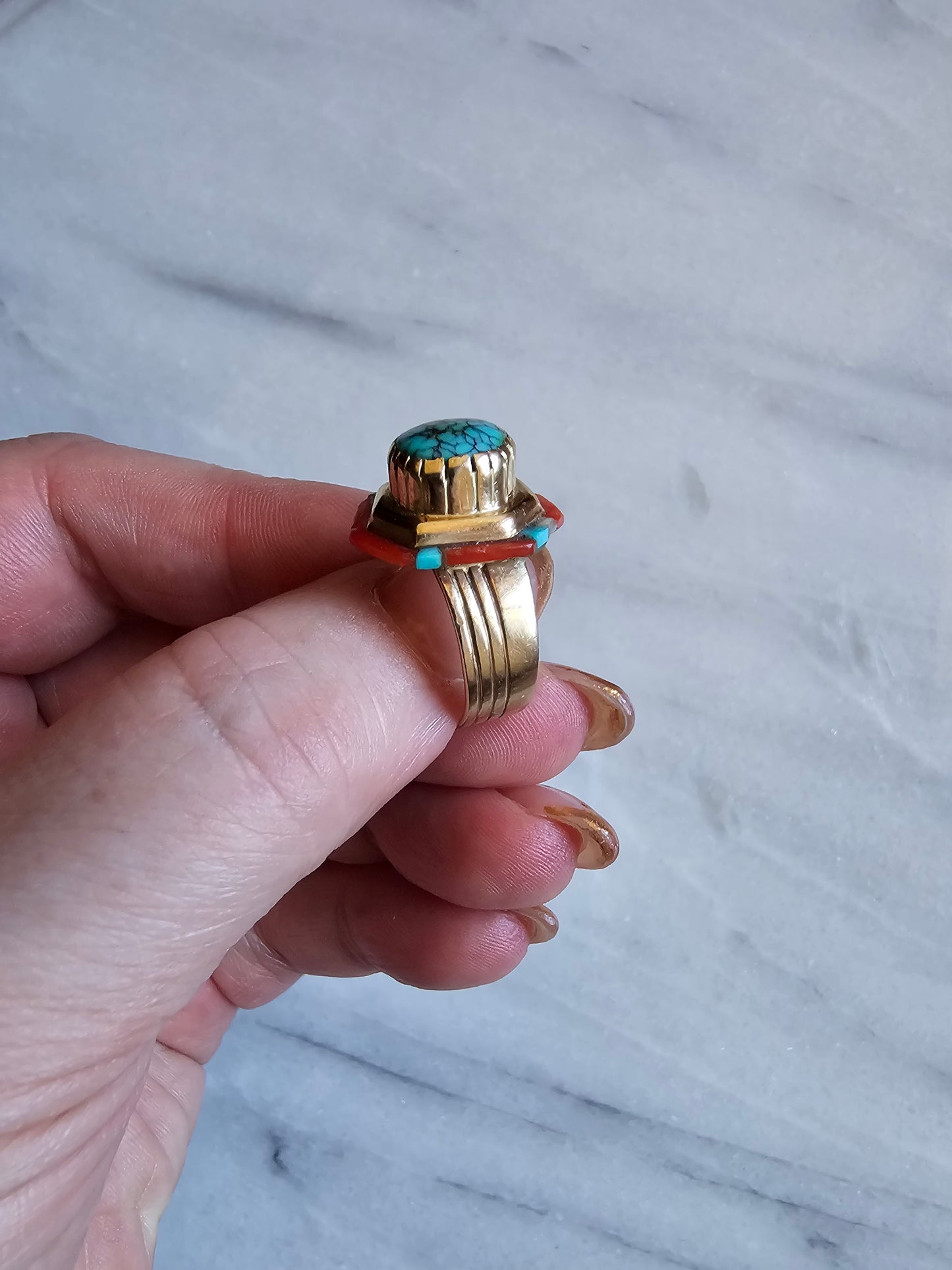 Vintage Turquoise, coral, shell, Ring 14k Gold