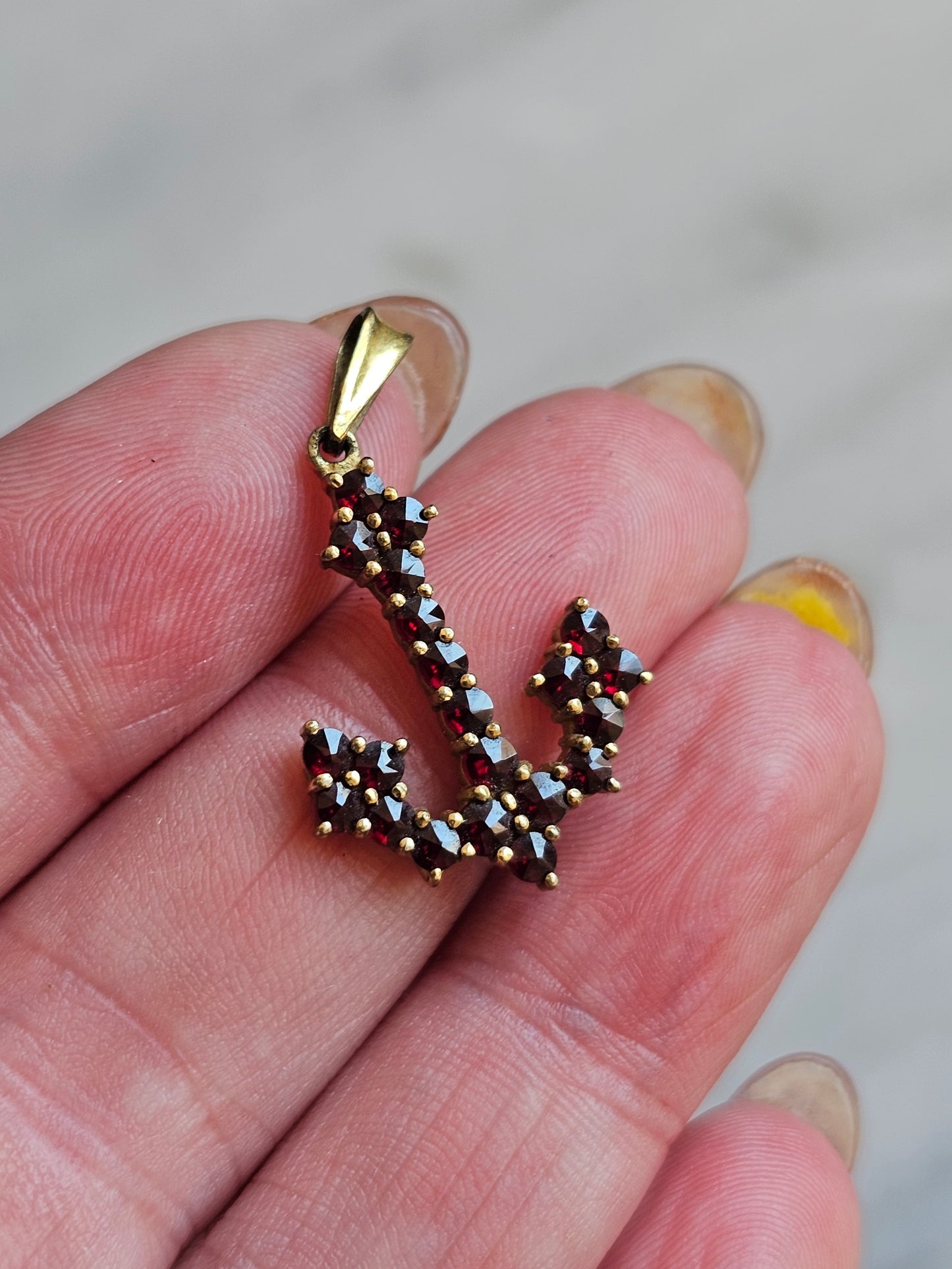 Vintage Bohemian Garnet Anchor Pendant - Hand cut Gems -Gold over silver vermeil