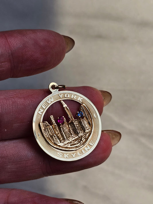 Vintage 1950's NYC Skyline with ruby and sapphire Pendant - Solid 14k Gold