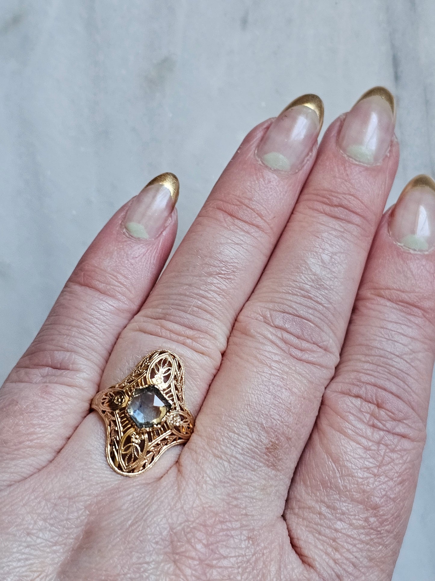 .77 Carat Hand Cut Light Blue Montana Sapphire Boho Ring in Yellow Gold