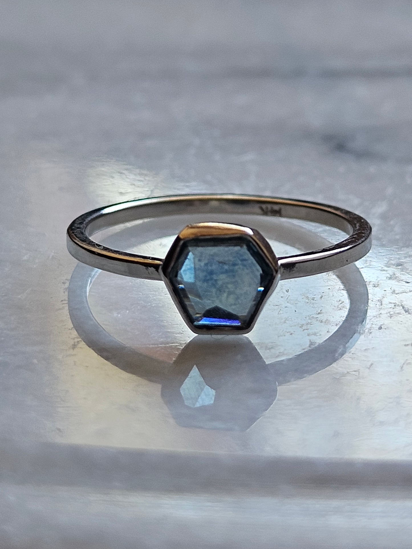 .85ct - Hand Cut By us, Blue Montana Sapphire Ring in 14KW gold - size 6