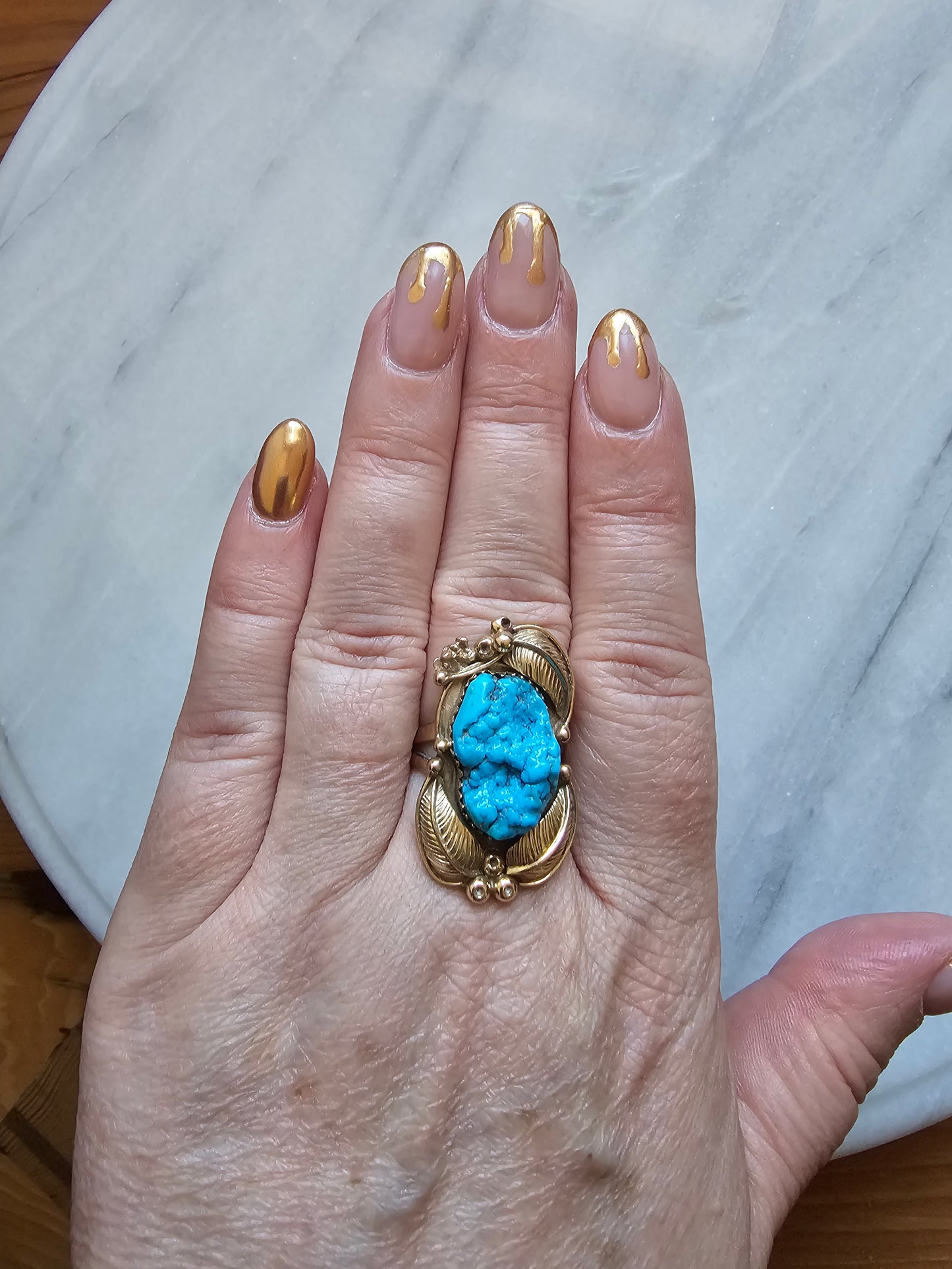 Navajo Foliate style Sleeping Beauty Turquoise Ring 14k Gold