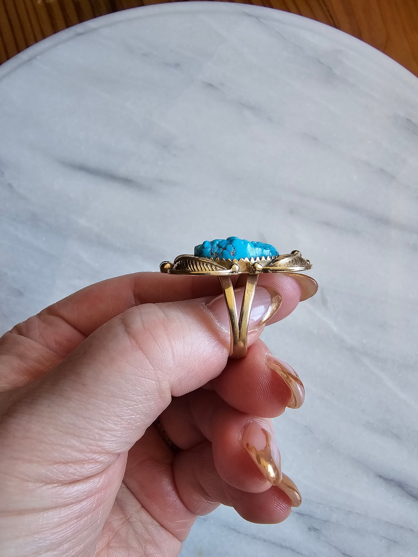 Navajo Foliate style Sleeping Beauty Turquoise Ring 14k Gold