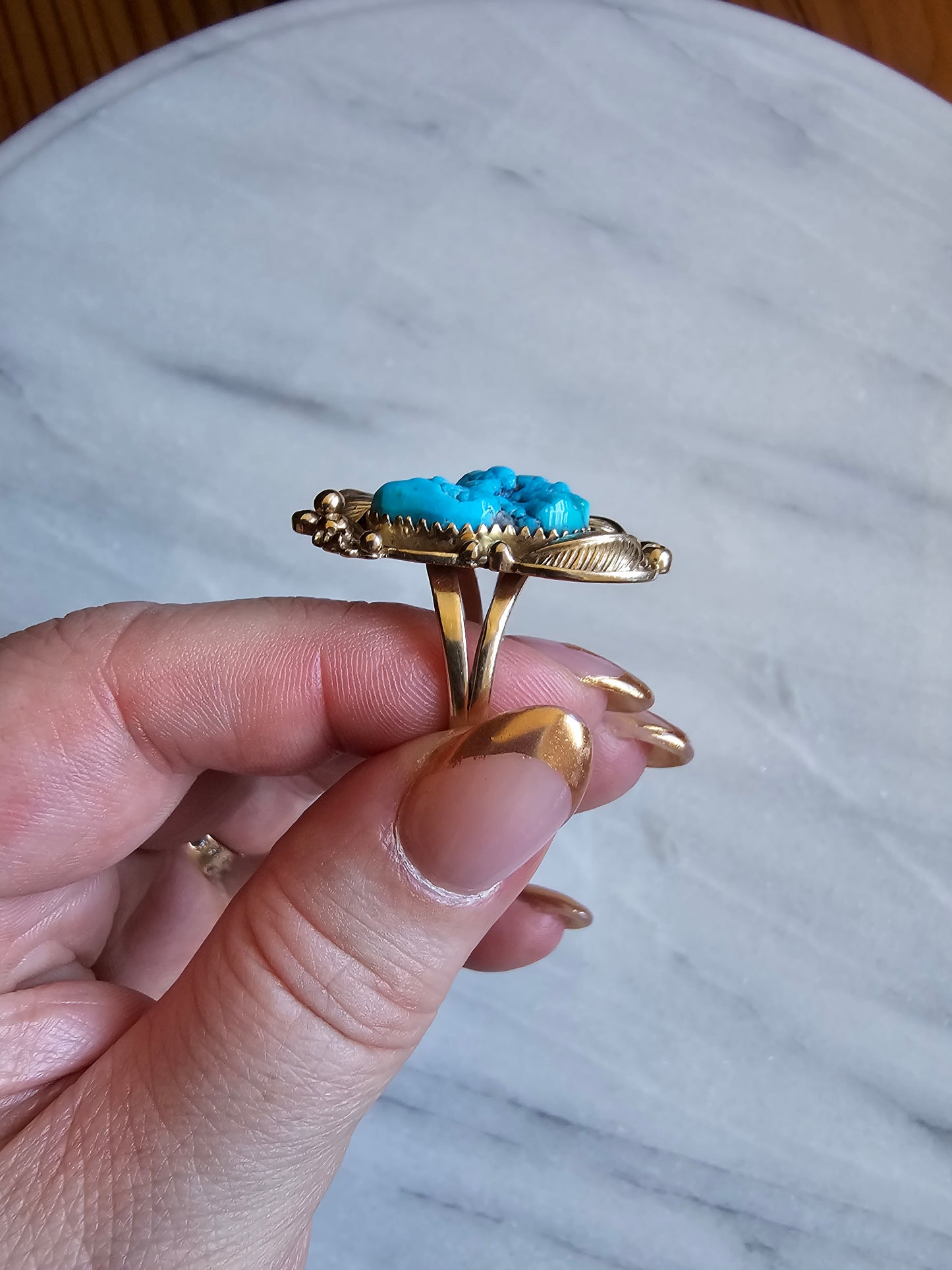 Navajo Foliate style Sleeping Beauty Turquoise Ring 14k Gold