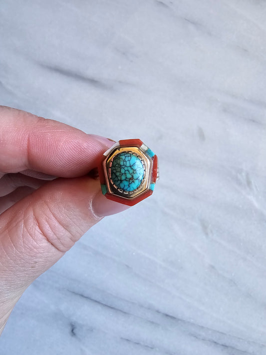 Vintage Turquoise, coral, shell, Ring 14k Gold