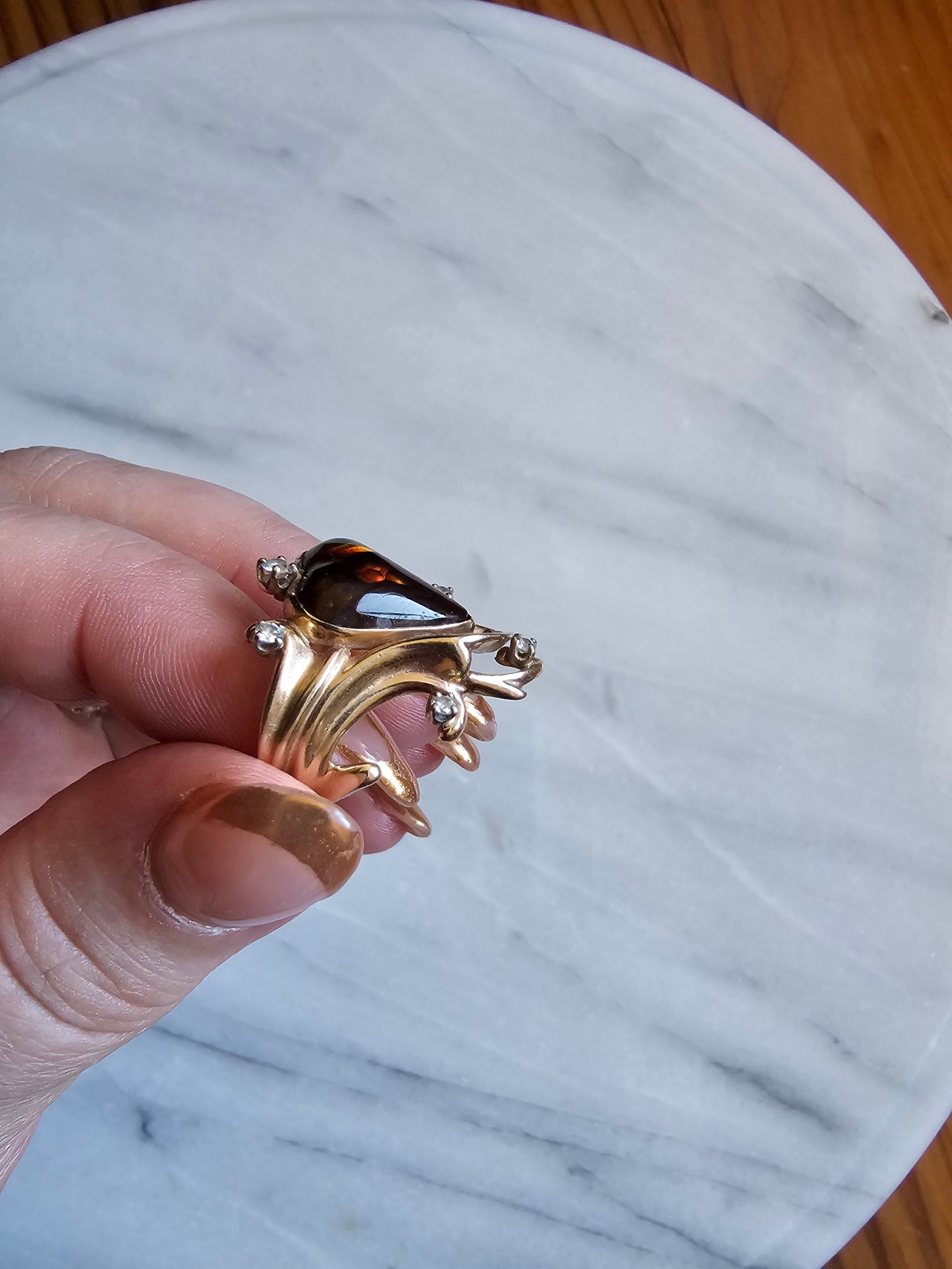 Vintage fire agate with diamonds Ring, 14k - Gold