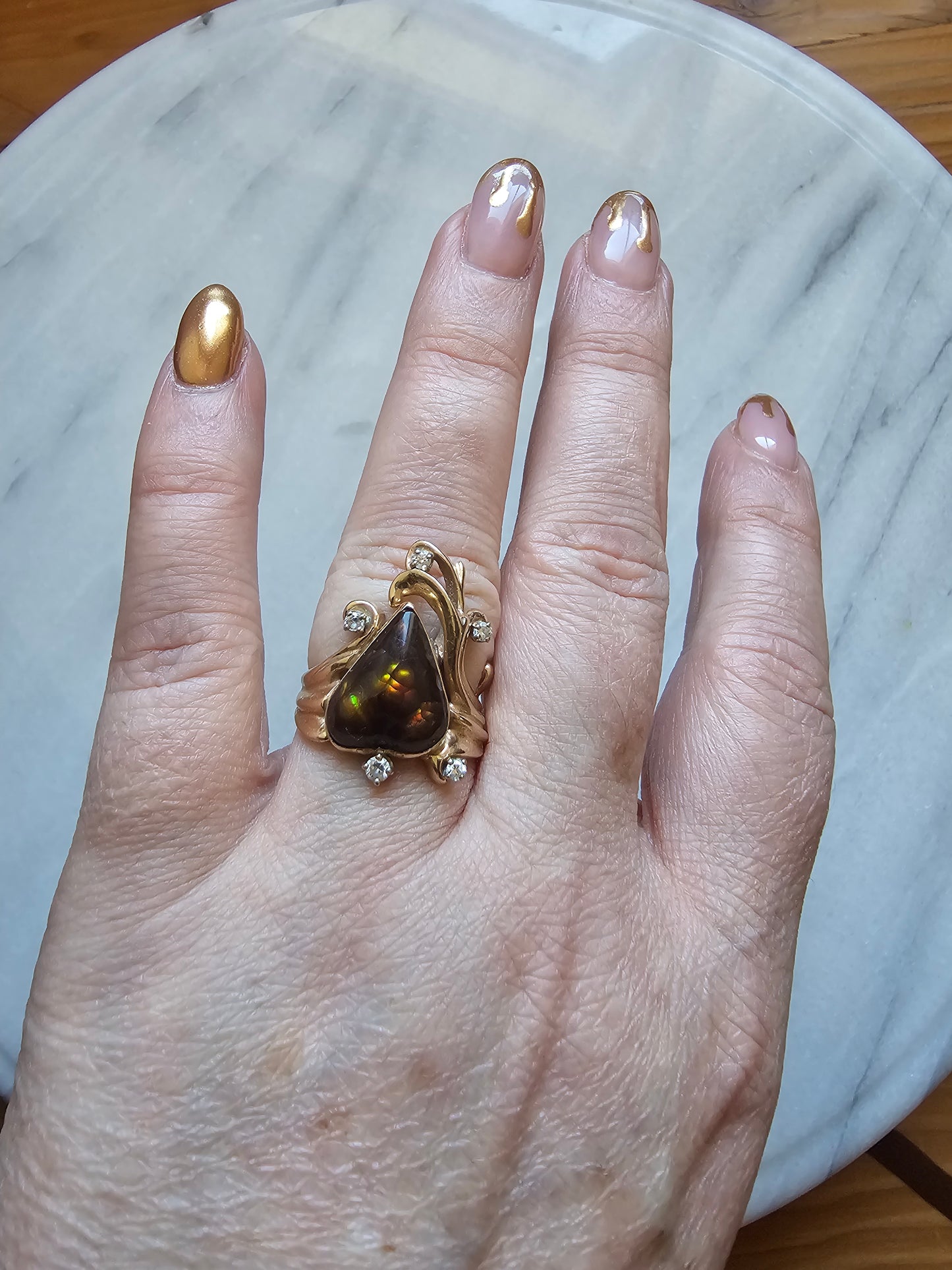 Vintage fire agate with diamonds Ring, 14k - Gold