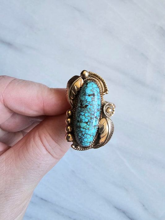 Navajo Foliate style Spider Web Turquoise Ring 14k Gold