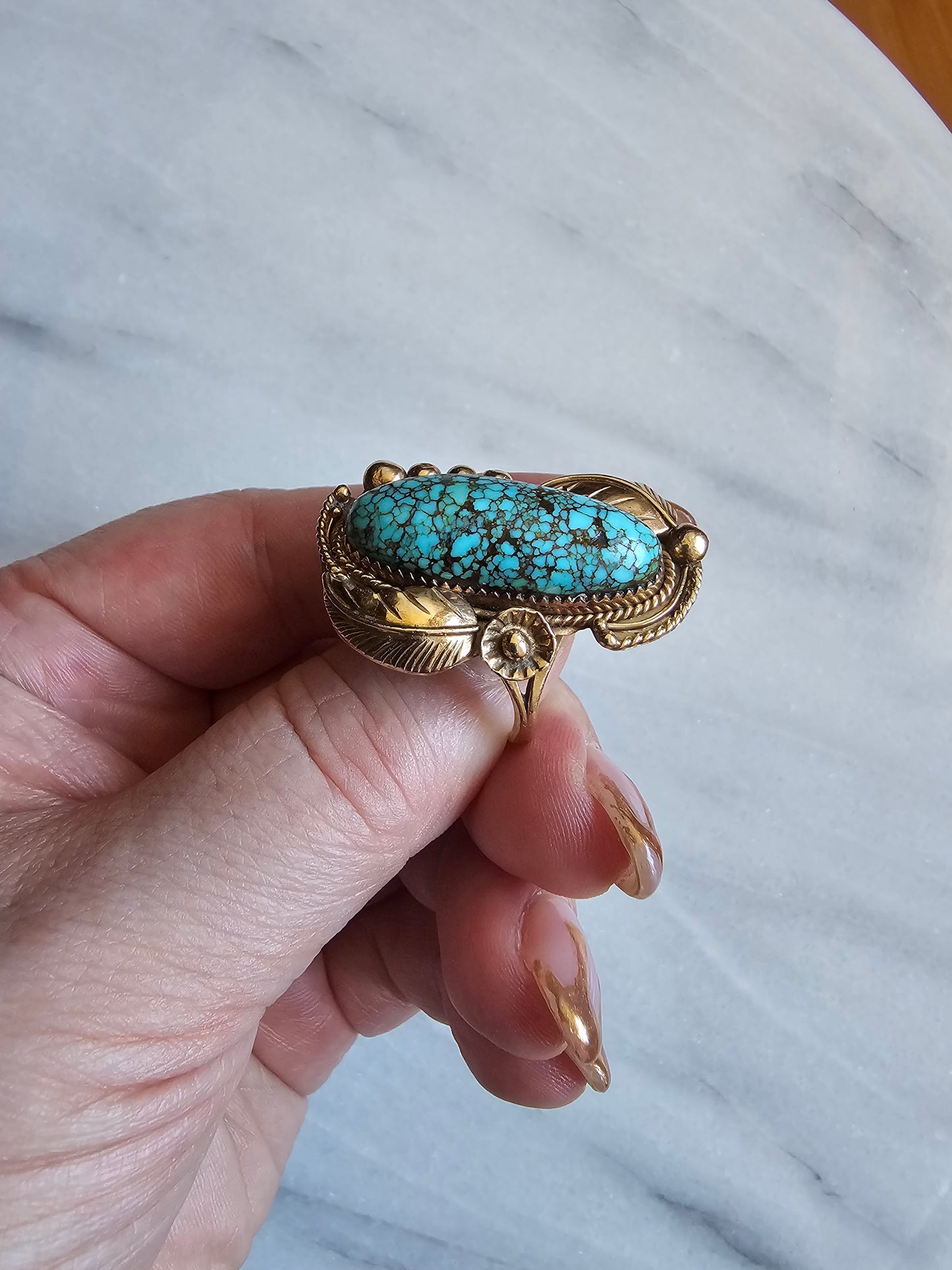 Navajo Foliate style Spider Web Turquoise Ring 14k Gold