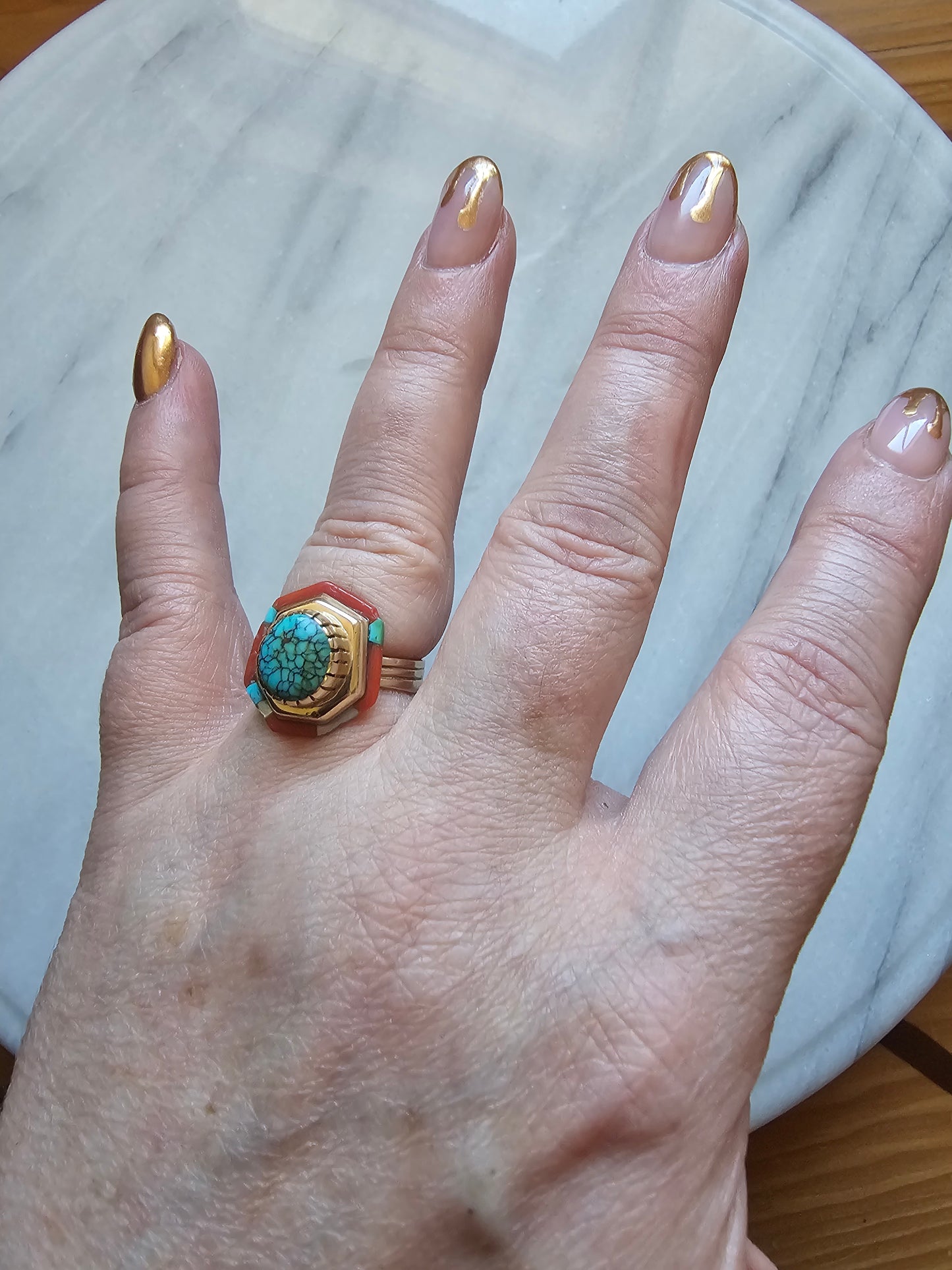 Vintage Turquoise, coral, shell, Ring 14k Gold