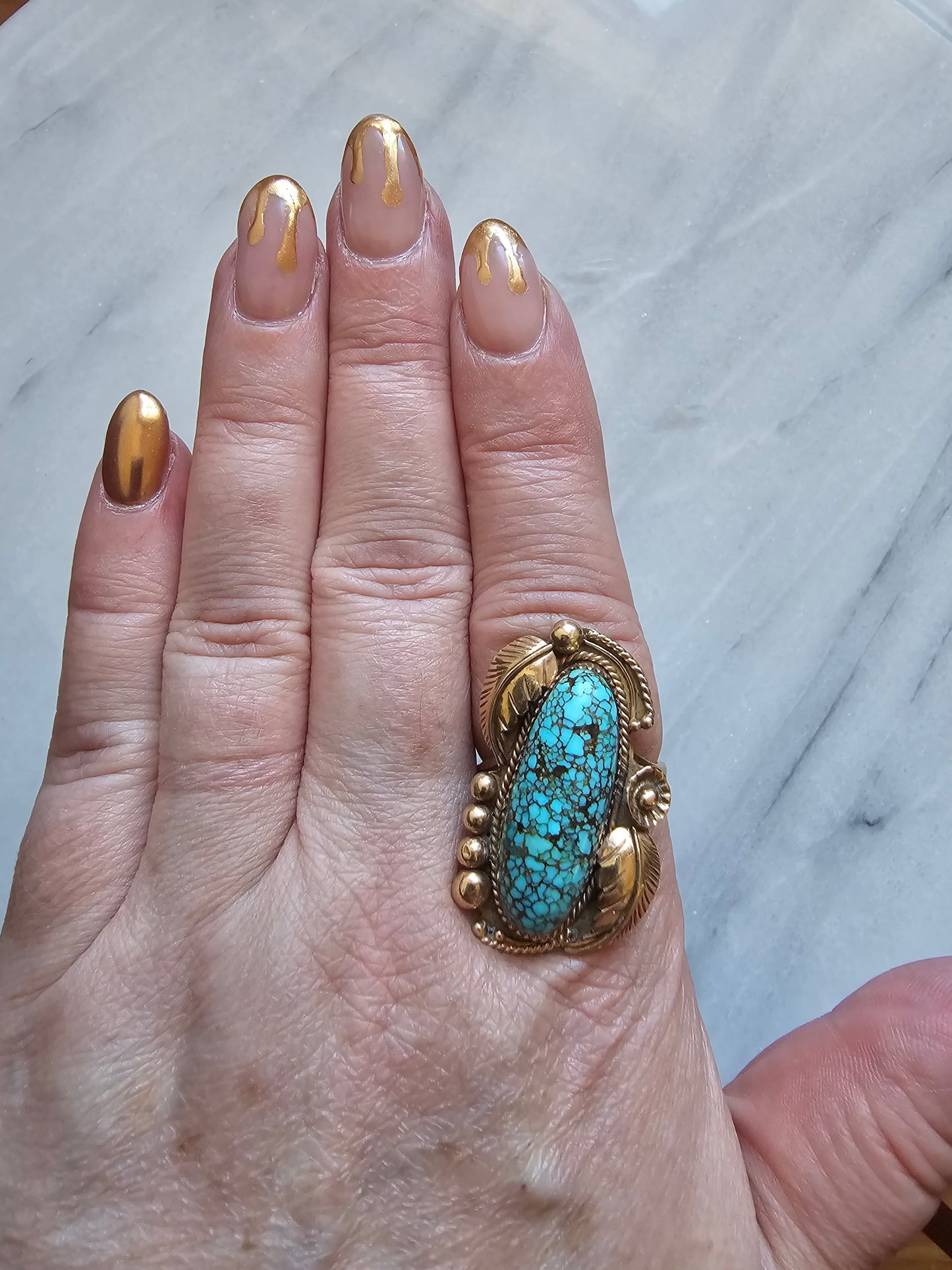 Navajo Foliate style Spider Web Turquoise Ring 14k Gold